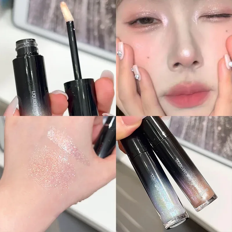 Sombra líquida com glitter, holográfica, brilhante, gelo, azul, rosa, secagem rápida, aparência molhada, lágrimas, destaque, maquiagem para os olhos, pó não voador