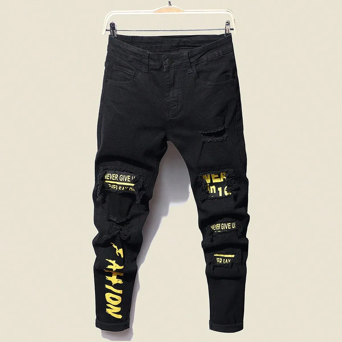 Men's Stretchy Ripped Denim Jeans Slim Fit Straight Trousers Elastic Waist Patchwork Holes Tearing Streetwear Casual Pants — image 2