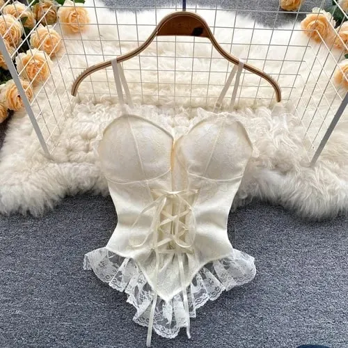 Vintage Lace Corset Bustier Women Spaghetti Straps Tanks and Camis Sexy Slim Crop Top Urban Chic Camisole Fashion Summer Clothes — image 12