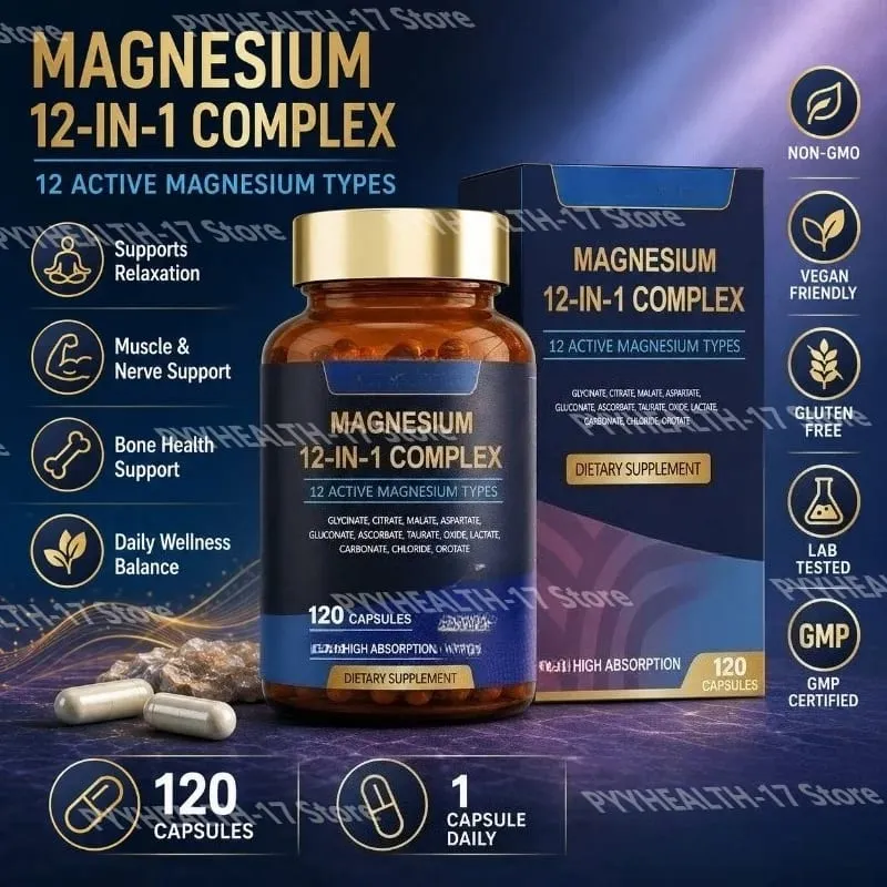 Kapsul Kompleks Magnesium 12-Dalam-1 12 Jenis Magnesium Aktif Penyerapan Tinggi Glisinat Sitrat Bentuk 120 Kapsul — image 1