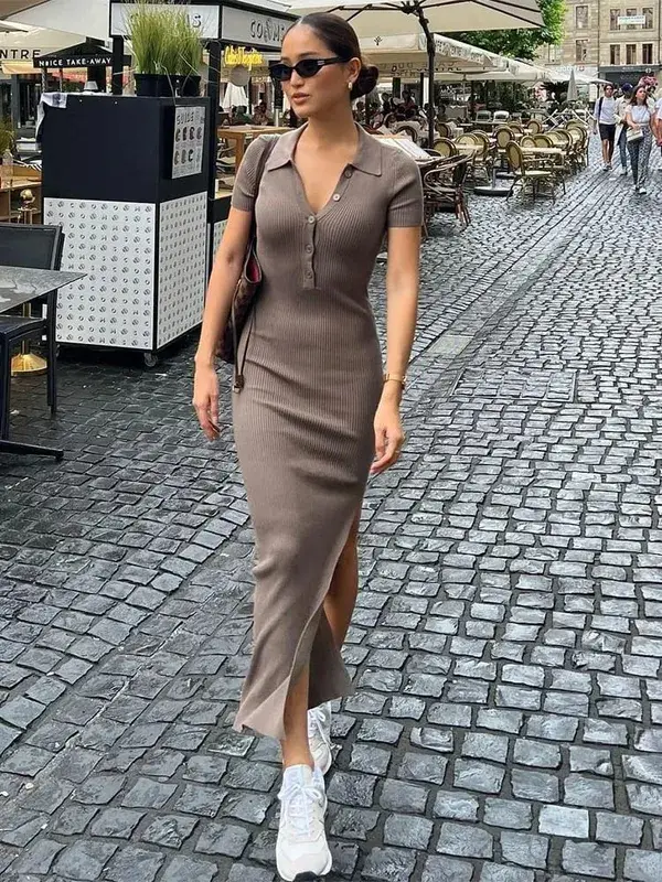 Kliou Elegant Office Lady Maxi Dress Women Solid Fashion Turn-down Collar Short Sleeve Button Side Slit Body-Shaping Street Robe — image 8