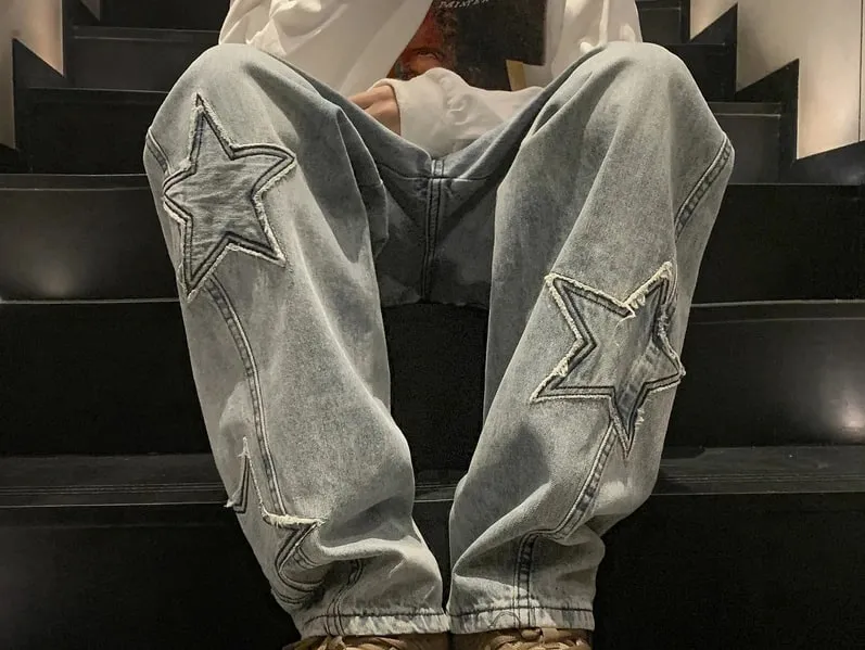 New Fashion Five-pointed Star Jeans Men High-waisted Vintage Streetwear Men Pants Baggy Winter Wide-leg Jeans Denim Men Clothing — image 3