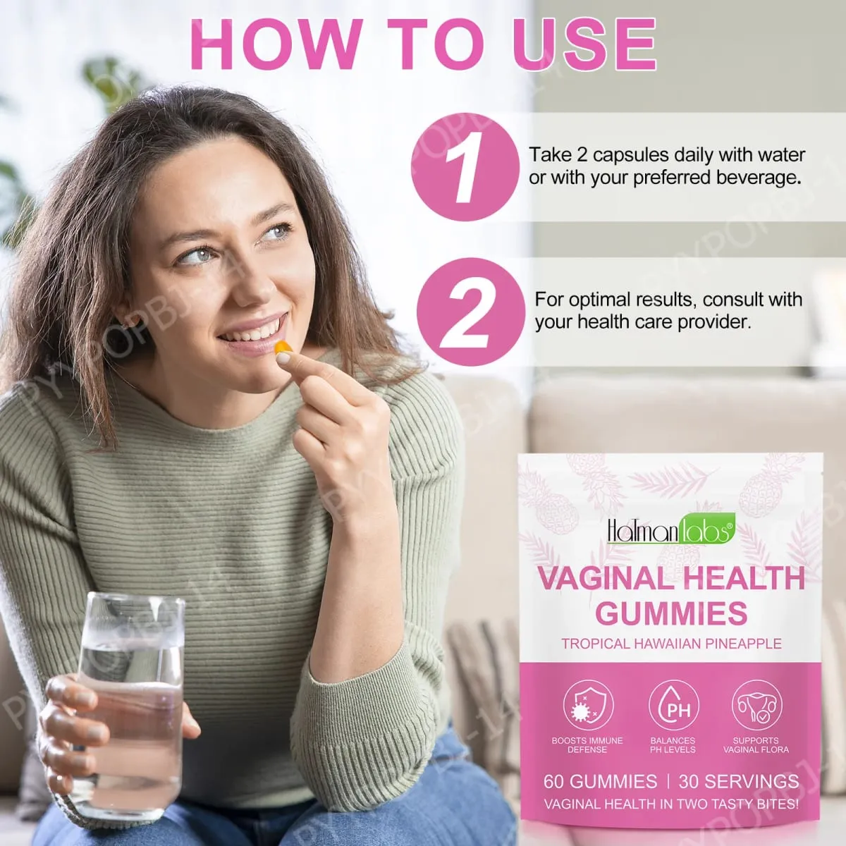 HolmanLabs Vaginal Health Gummies avec vitamine C et probiotiques soutiennent la flore vaginale aide à équilibrer les niveaux de pH 60 Gummies — image 6