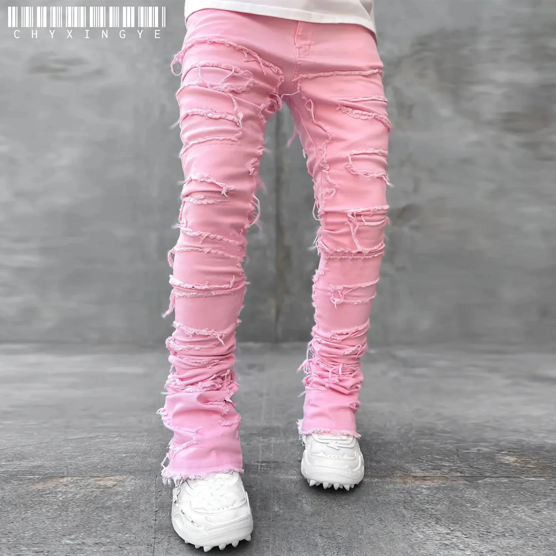 Men's Regular Fit Stacked Jeans Ripped Slim Fit Patch Distressed Destroyed Straight Denim Pants Hip Hop Streetwear Trouser Cloth — image 4