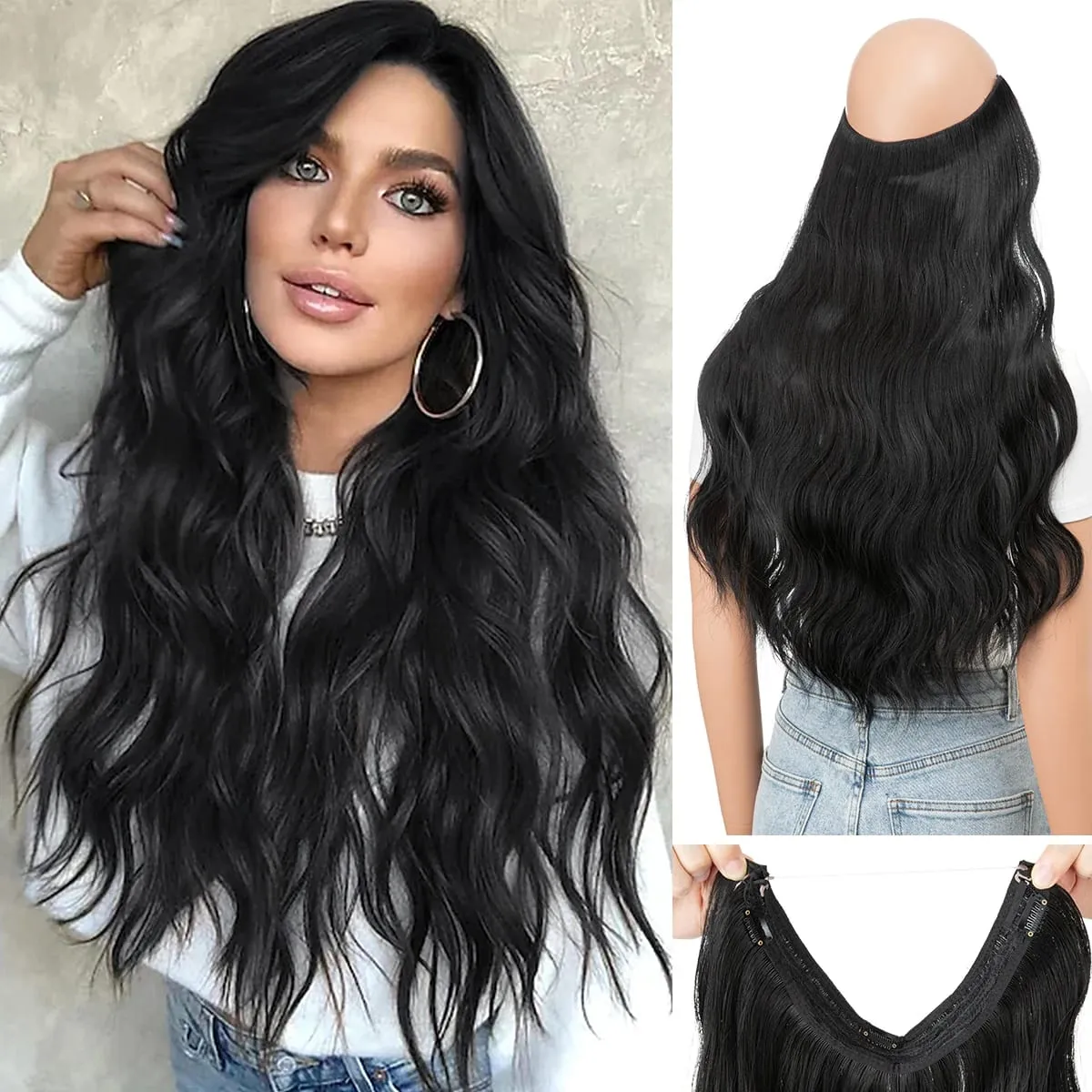 Synthetic Wave Invisible Clip in Hair Extensions Fish Line Ombre One Piece Natural Hairpiece Fake Blonde Hair Piece