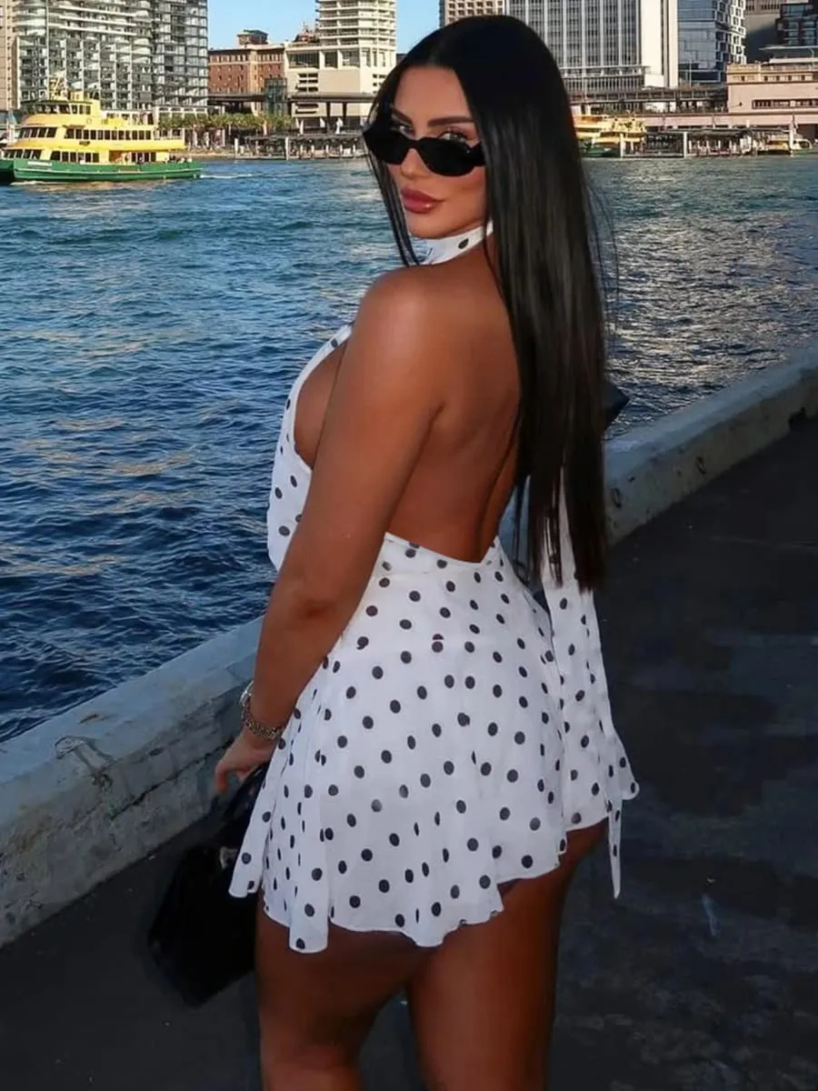 Hugcitar Puntíkatý tisk Ohlávka Bez rukávů Bandáž na záda Sexy Slim Mini Šaty Léto Ženy Módní Outfit Party Dovolená — image 5