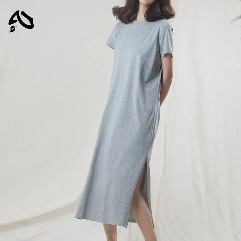 Original Casual 94% Cotton Summer Women's Dresses Solid Short Sleeve Spilt Long Midi Dress Fashion Sundress Female Clothing — image 2