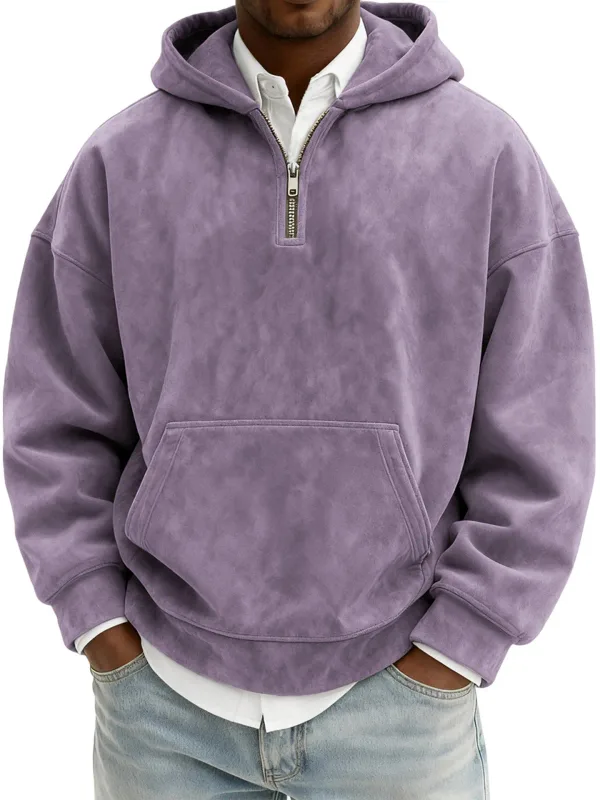 Amerika Fashion Baru Pria Warna Solid Setengah Ritsleting Lengan Panjang Kasual Trendi Harian Berkerudung Kaus Pria Hoodies Pakaian Atasan — image 10