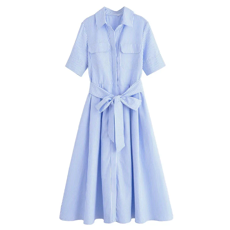 HH Women Summer Lapel Short Sleeve Pocket Single-Breasted Belt Decorate Midi Dress Female Fashion Shirt Style Pleated Dress — image 11