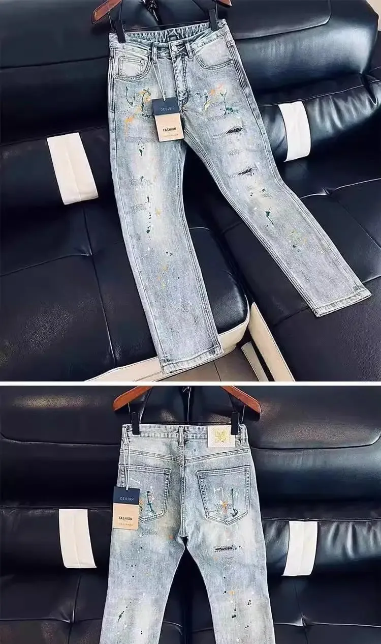 High-end Luxury Clothing Light Blue Jeans Men Fashion Ink Splatter Autumn Slim Pencil Pants Spring Autumn Designer Denim Jeans — image 9