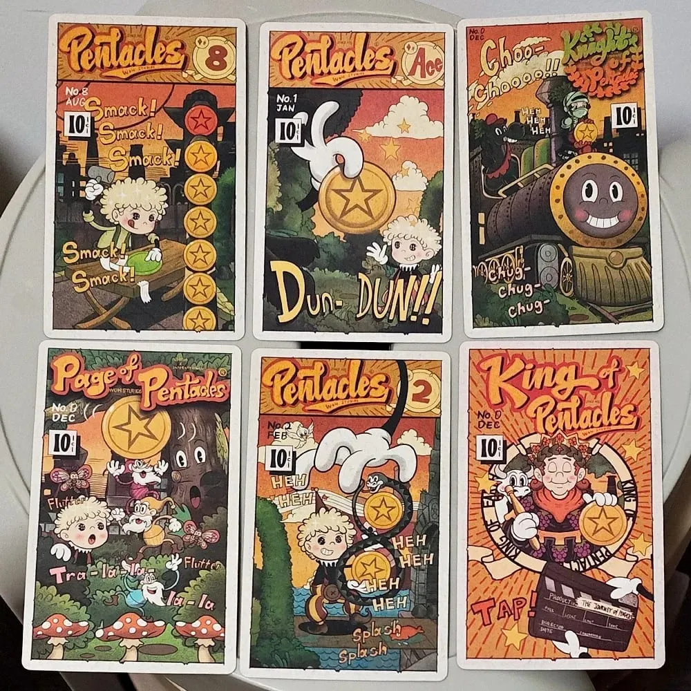 Dupla dombornyomott, 12*7 cm-es vintage gumitömlős Tarot pakli merev dobozban 78 régi rajzfilmes művészeti tarotkártya — image 5