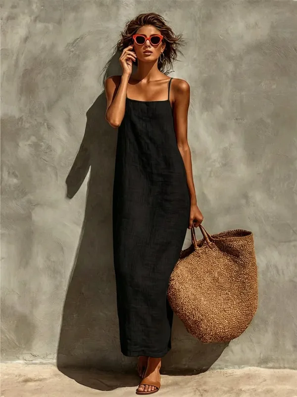 Yaz Kadın Düz Renk Rahat Rahat Kayma Sundress Kum Beachwear Backless Kolsuz Gevşek Maxi Uzun Tatil Elbiseleri — image 8