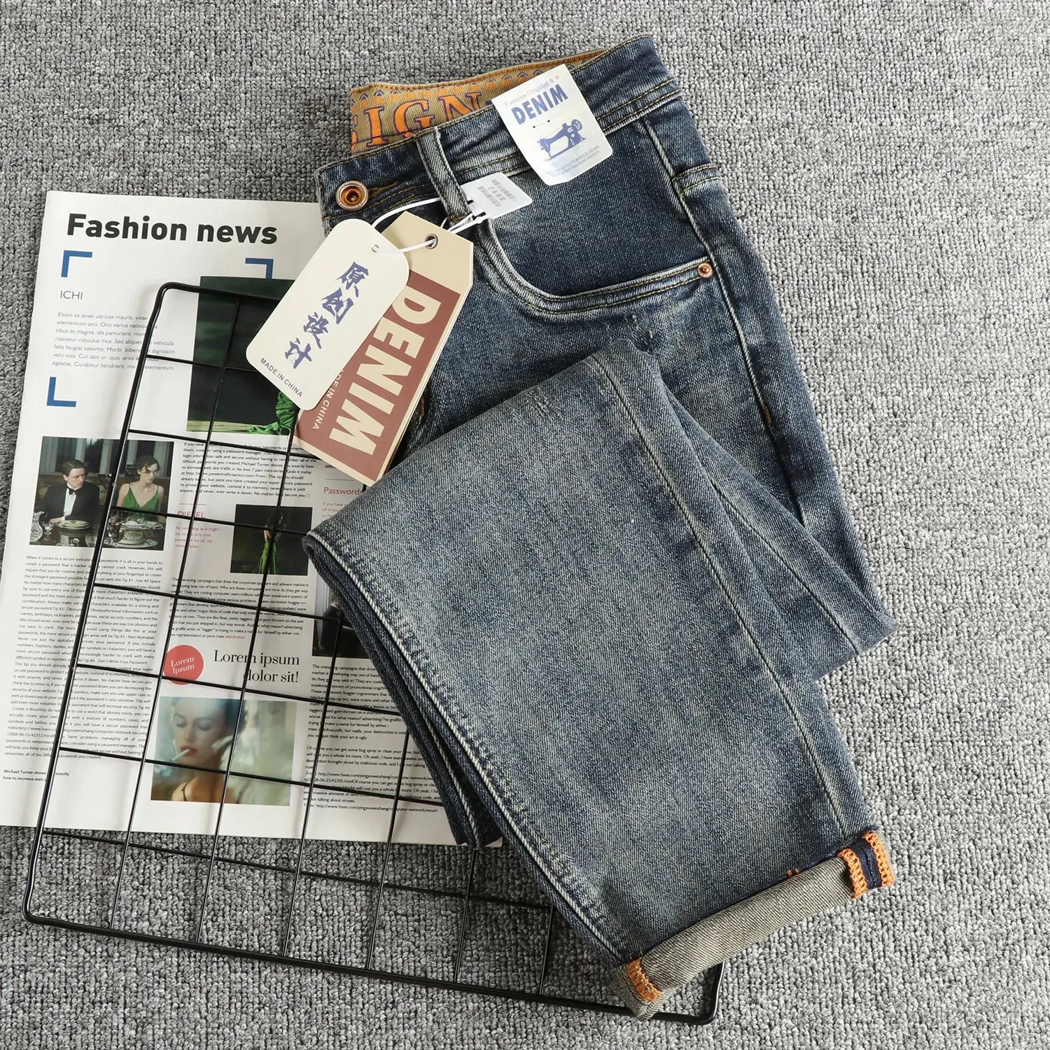 Retro blue wash-fried cat whisker jeans men's high-end custom fabric American fashion brand youth nine-point pants — image 3