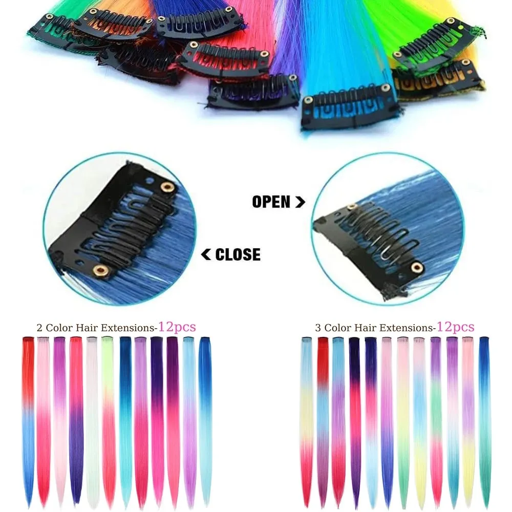 20 inch patchwork 3 color synthetic single clip rainbow color hair extensions 24 color hair extensions for girls holiday gifts — image 3