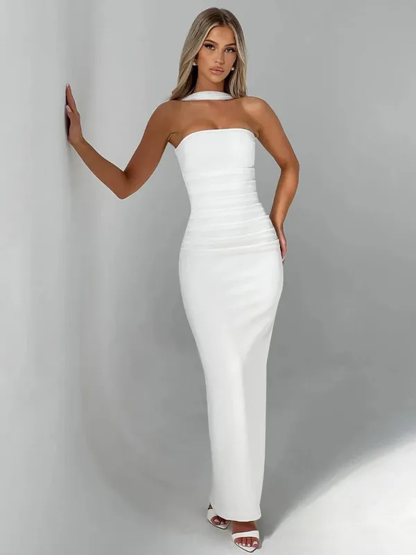 Hugcitar Eleganter Schal, trägerlos, solide Netzhandschuhe, sexy, figurbetont, Maxi-Abschlussballkleid, Damenmode, Y2K-Outfits, Hochzeit, Party, Geburtstag