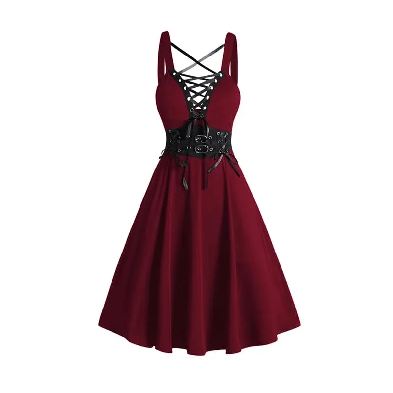 2025 Womens Gothic Dresses Sets Solid Color Open Front Crop Jacket and Lace Up Buckle Strap Crisscross Dress Outfit — image 6