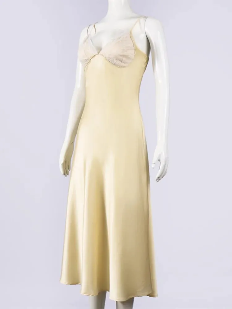 Vestido sexi de satén amarillo con encaje y retales, vestido femenino con tirantes finos, sin mangas, cuello en V, corte al bies, bata de fiesta nocturna de verano 2026 — image 6