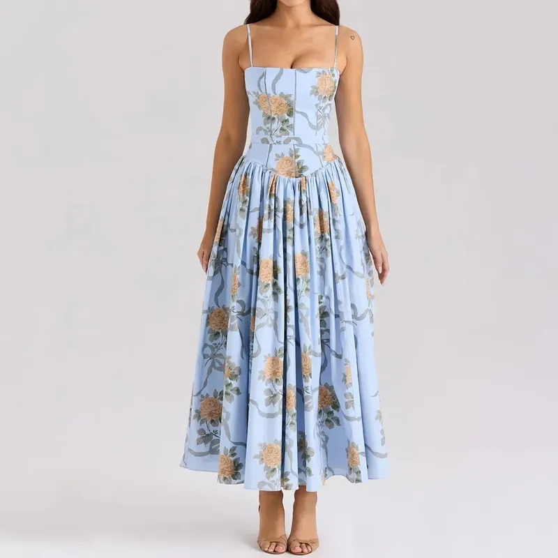 Oligai Floral Print Midi Sundress Elegant Spaghetti Strap Flowy Dress Aussie Summer Women Boho Chic Beach Dress