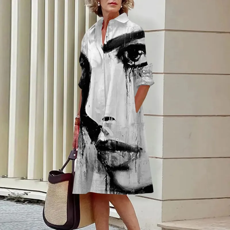 Women's Long Work Dresses Turtleneck High Waist Tie Button Face Pattern Printed Shirt Dresses Button Loose Spring and Summer — image 9