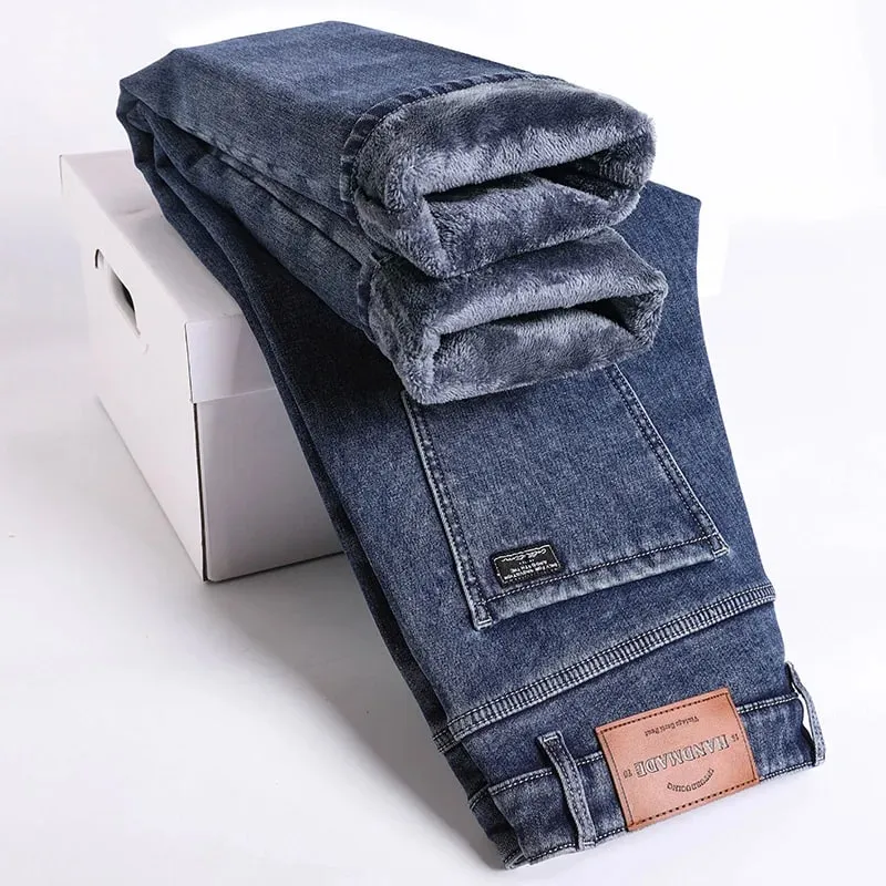Winter Fleece Thick Warm Jeans Men's Slim Straight Elastic Denim Pants Casual Male Clothing Fashion Plush Trousers — image 11