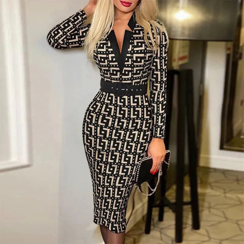Women's Sexy Geometric Pattern V-Neck Midi Pencil Dress with Belt Long Sleeve Knit Bodycon Dress Suitable for All Seasons — image 7