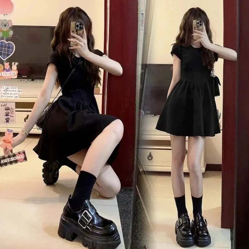 Petite Black Dress High-End Knit Spring Summer Cinched Waist A-Line Slimming O-Neck Short Sleeve Mini Stylish for Junior Ladies
