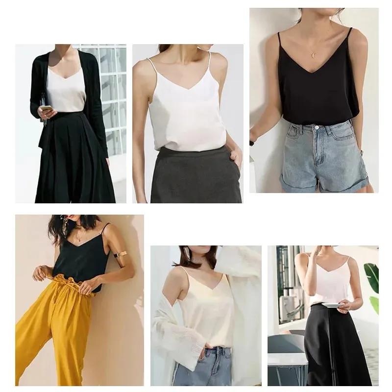 2026 Spaghetti Strap Top Women Halter V Neck Basic White Cami Sleeveless Satin Silk Tank Tops Women'S Summer Camisole — image 8