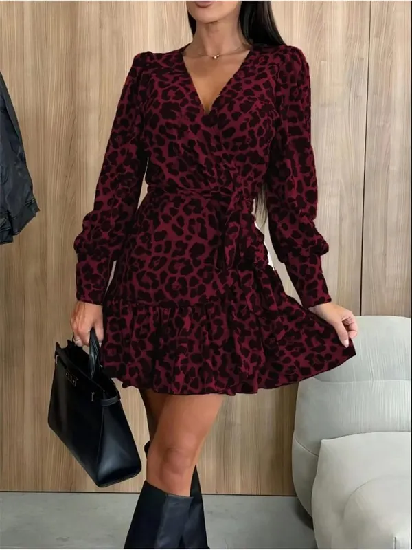 Women's Leopard Printed Dresses V-Neck Lace Up Bubble Long Sleeved Sexy Dress Elegant Dating Autumn Mini Dress — image 6