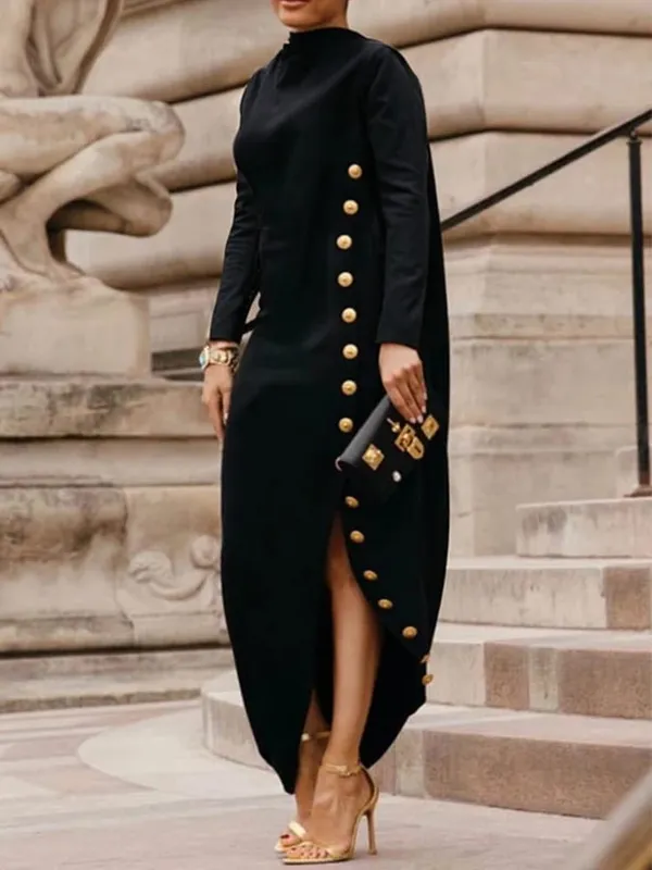 Elegant Women's Buttoned Split-Side High Neck Evening Black Dress 2026 Fashion Long Sleeves Loose Commuter Office Maxi Dresses