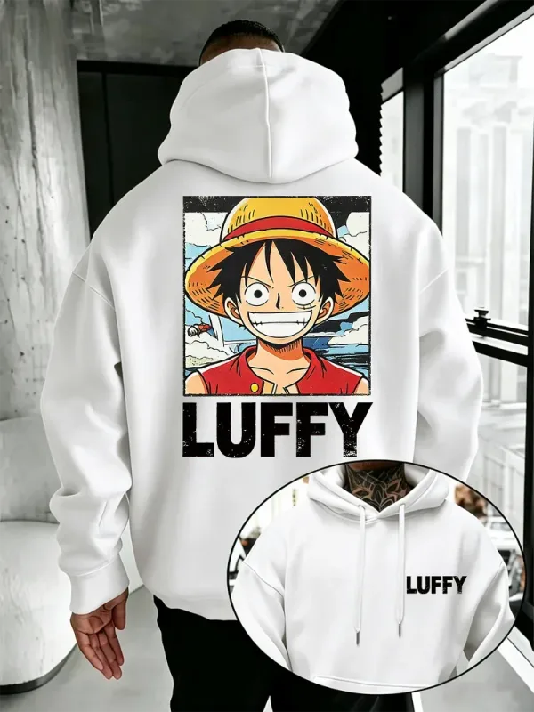 Felpa con cappuccio anime One Piece, felpa pullover ampia con stampa sul davanti e sul retro del personaggio dei cartoni animati di Rufy vintage per gli appassionati di manga