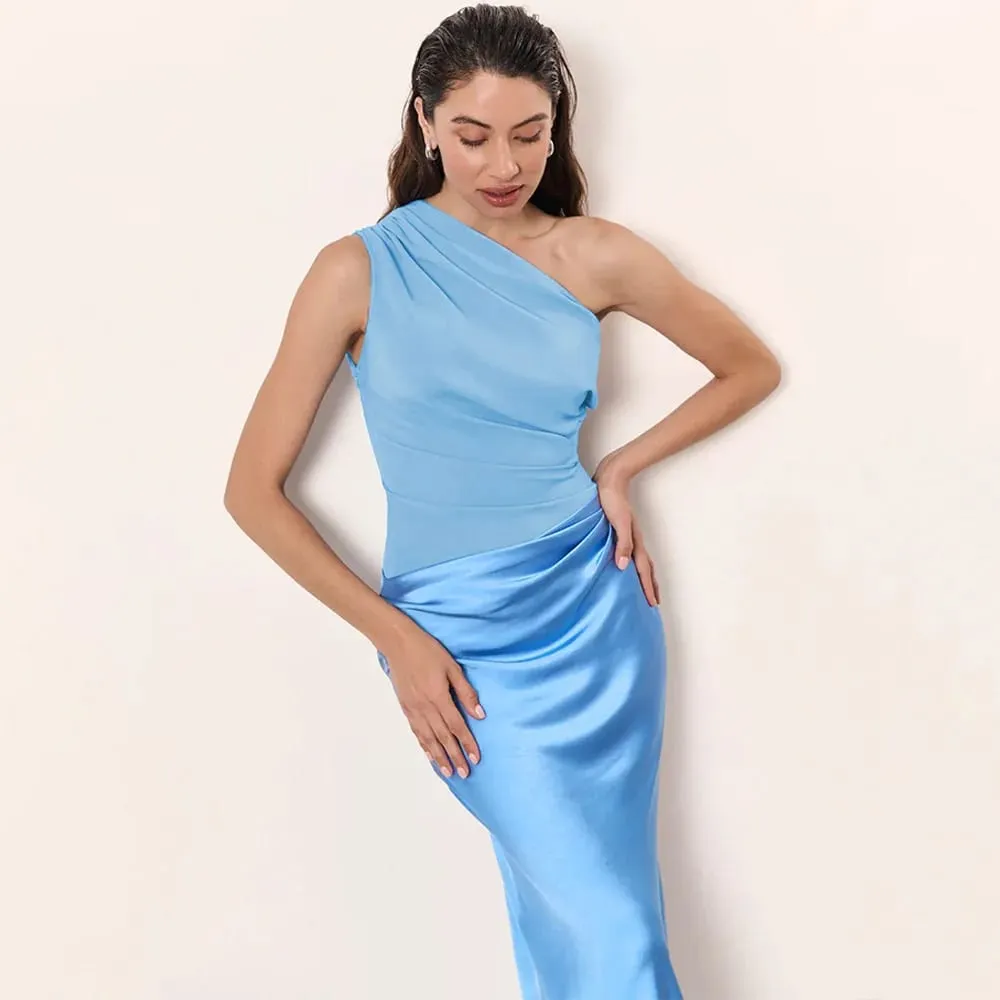Patchwork Satin Sexy Dress Women One Shoulder Brown Sleeveless Evening Maxi Dress 2025 New Summer Elegant Party Clubwear Dresses — image 6