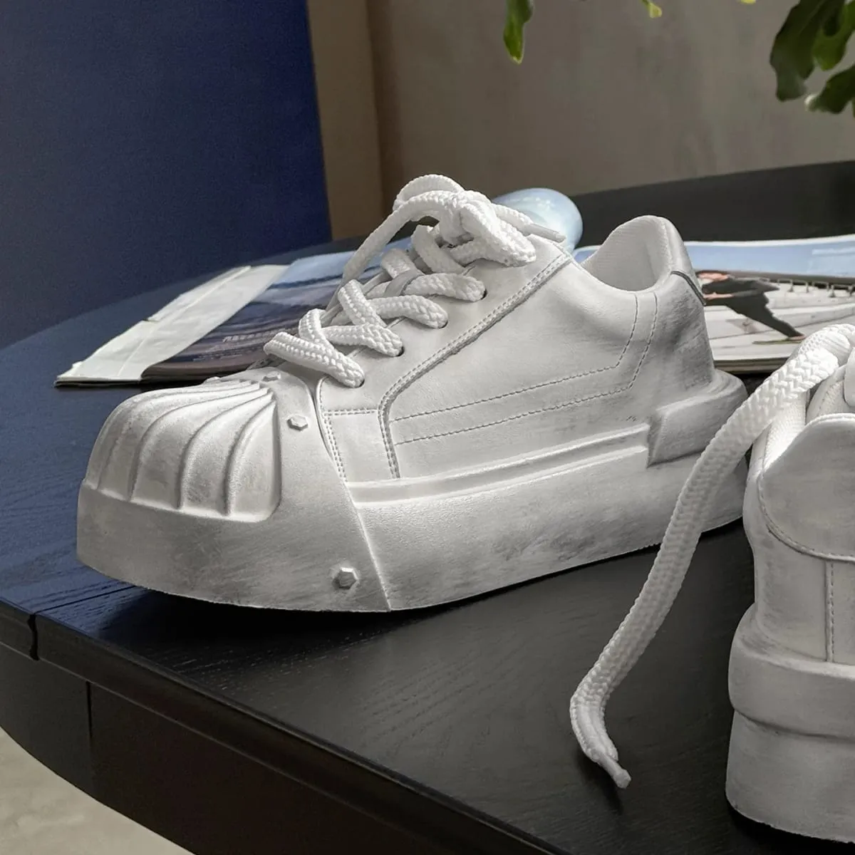 Wanita Lelaki Sneakers Low-top Shell-head PU Kulit Tapak tebal Mentinggikan Uniseks Riadah Bergaya Kasut Retro Lelaki Jurulatih Chunky — image 3