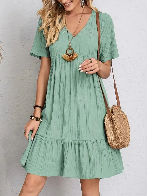 Elegant Solid V Neck A Line Dress 2024 New Summer Ruffles Loose Mini Dress Casual Short Sleeve Beach Party Vestidos Streetwear — image 8