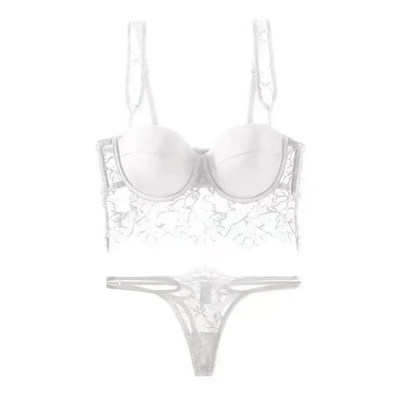 セクシーな Summer Thin Cup Lace Lingerie Set Soft Underwire Deep U‑Back Push‑Up Bra Matching Underwear Breathable Daily Intimates