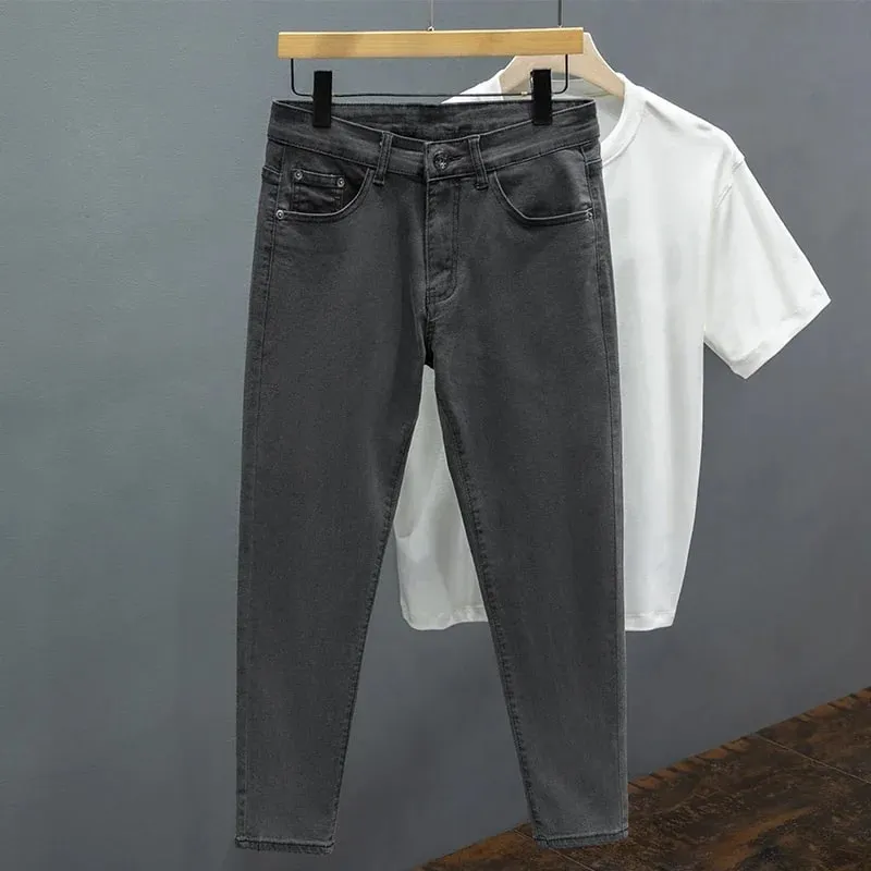 Slim Fit Men's Jeans Spring Summer Thin Cotton Soft Elastic Trendy Ankle Length Pants Straight Korean Simple Denim Trousers — image 3