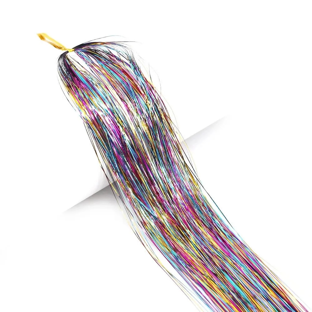 Long Sparkle Shiny Hair Tinsel Rainbow Silk Hair Extensions Dazzles Women Hippie For Braiding Headdress 120Strands/bag — image 21