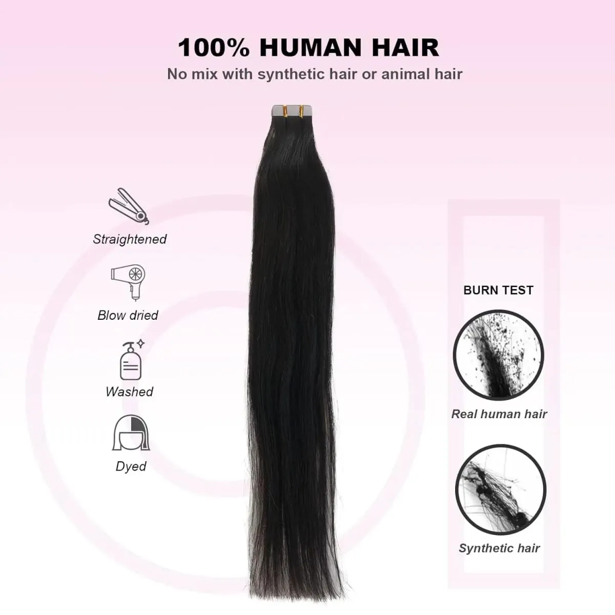 Straight Tape In Extensions 50G/20Pcs Skin Adhesive Invisible Glue #1B Tape Ins Brazilian Remy 100% Human Hair On Salon Quality — image 3