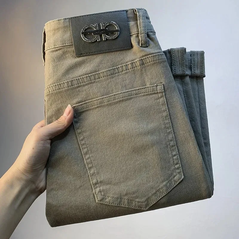 Light luxury men's jeans 2025 summer thin stretch tapered small straight leg casual versatile denim solid color pants