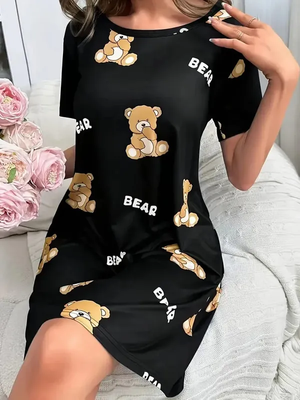 Women's Spring/Summer Fashion Bear Print Mid-Length Dress - Suitable for Daily Wear
