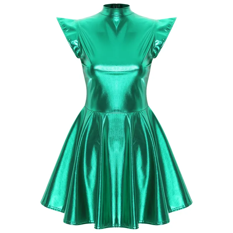Womens Cocktail Dress Shiny Metallic Dress Alien Space Cap Sleeve High Waist A-line Dress for Halloween Party High Street Dress