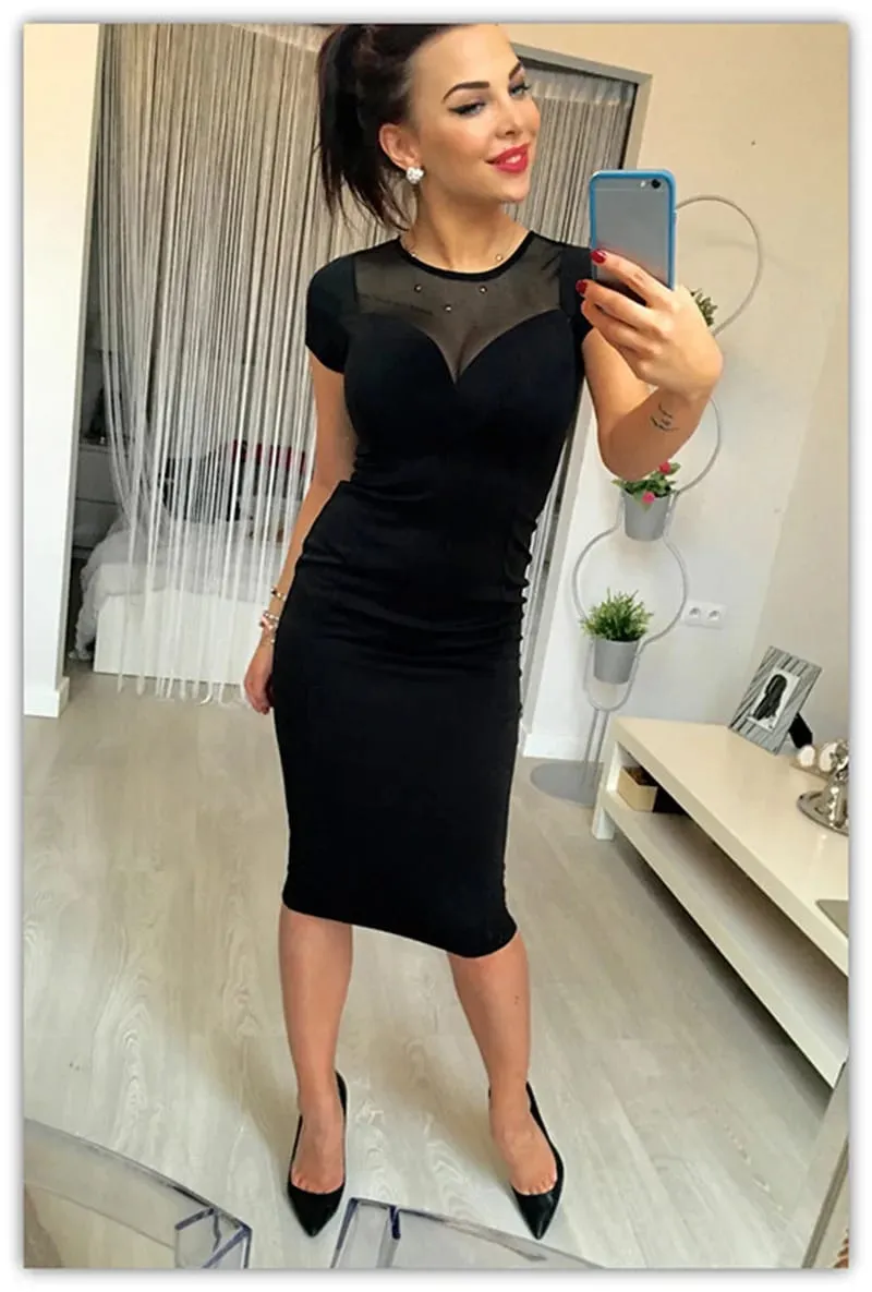 Plus Size Women Mesh Splicing Short Sleeve Dresses Sexy Night Club Bodycon Zipper Dress Summer Midi Pencil Vestidos De Mujer