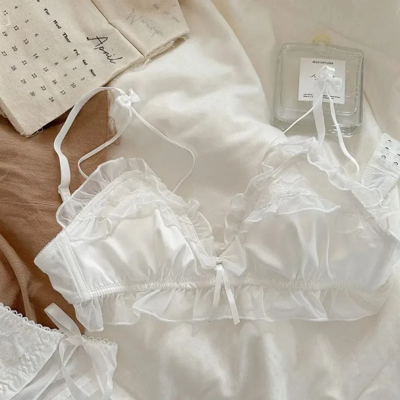Sexy Lace Bra Thin Breathable Small Breasts Gathered Anti-Sagging Comfortable Non-steel Ring Bow Tie Girls Underwear Set — image 5