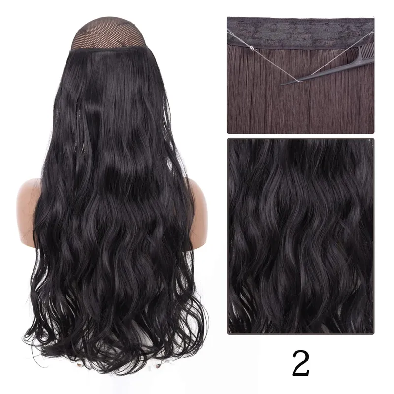 Synthetic No Clip Adjustable Fish Line Hair Extensions Natural Blonde Brown Long Wavy Heat Resiatant Hairpiece For Women