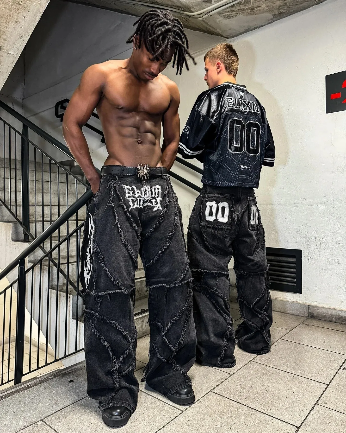 Elixir X Cozy Detachable Jeans Retro Punk Streetwear Ziipper Patchwork Stripe Denim Pants Men Black Baggy Hip Hop Splicing Jeans
