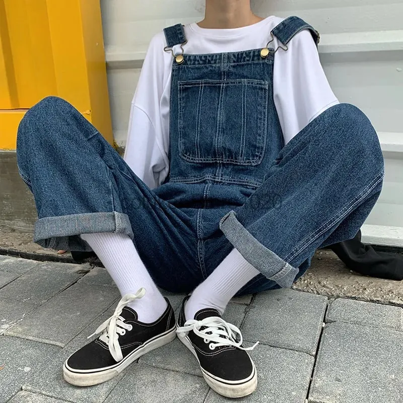 New Men's Denim Overalls Casual Multiple Pockets Loose Splice Straight Rompers Fashion Adjustable Suspenders Jeans For Male — image 5