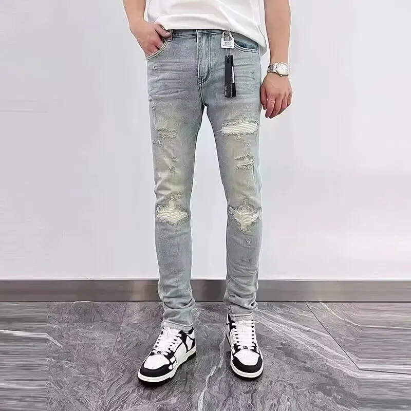 Fashionable Luxury Clothing Ripped Distressed Retro Spring and Autumn Denim Jeans for Men Slim Fit Casual Pants Cotton Trousers — image 9