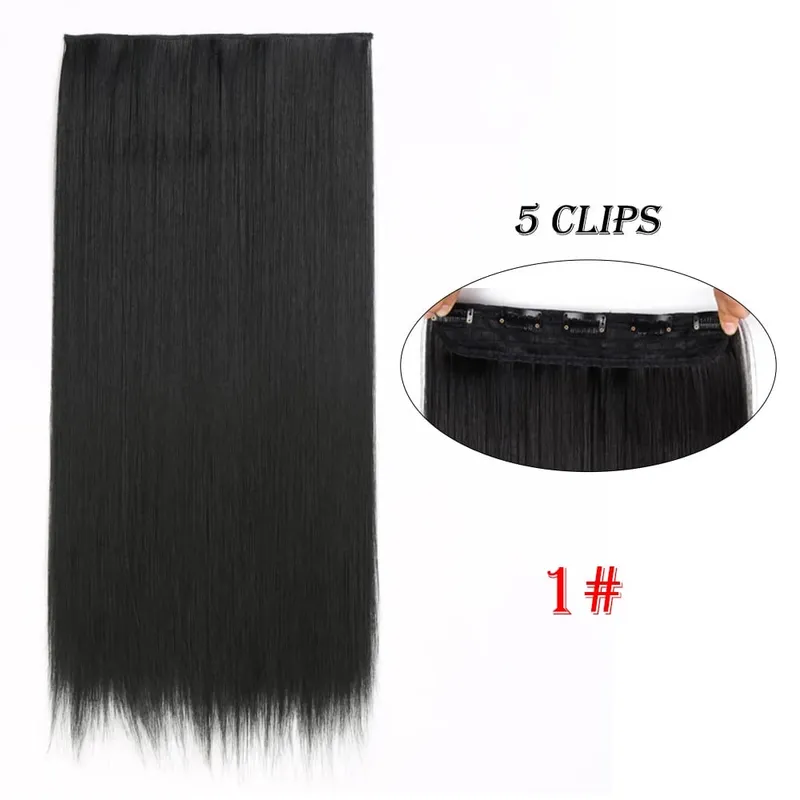 One Piece Clip In Hair Extensions 24" Straight Thick Synthetic Clip In Hairpieces Highlights Black Brown Soft For Women Daily