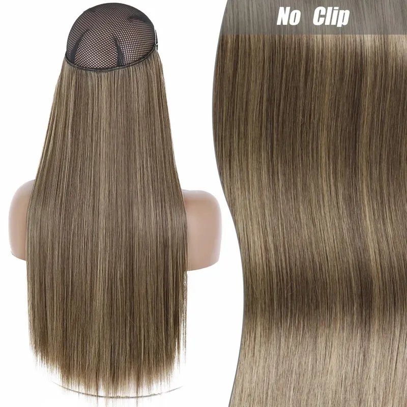 Synthetic Long Wavy No Clips Invisible Wire Hair Extensions Black Brown Blonde Fish Line False Hairpiece Piece — image 13
