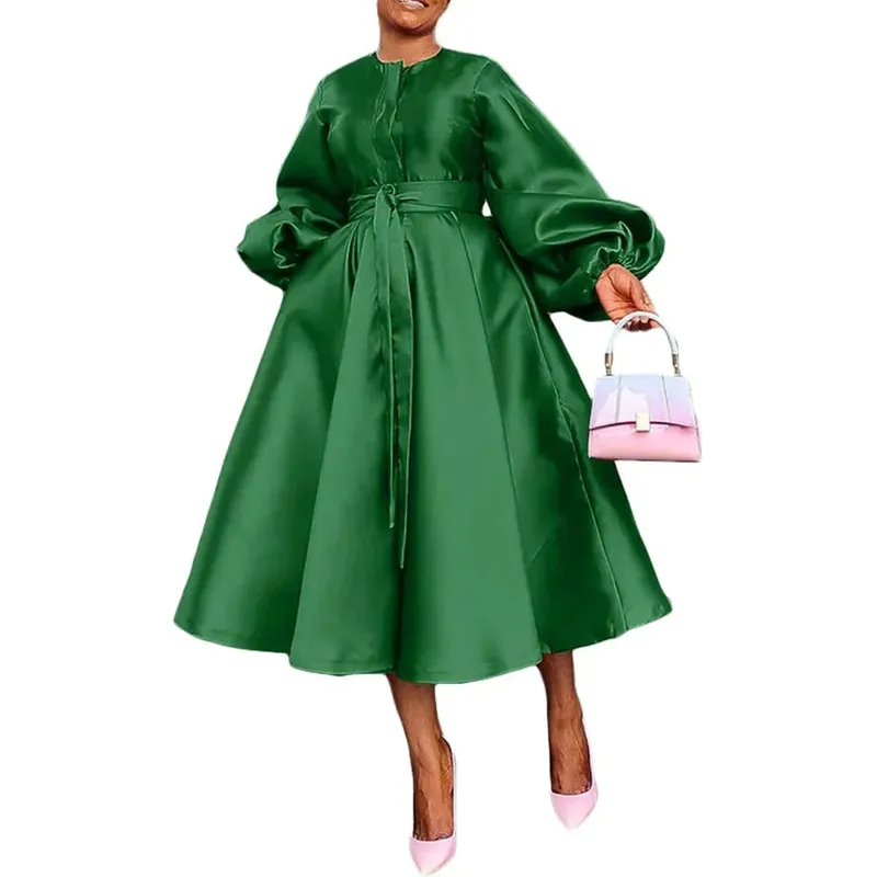 Satin Puff Sleeve Evening Dress for Women Pleated A-Line Round Neck Elegant Party Club Casual Solid Midi Dress with Belt 2025 — image 12