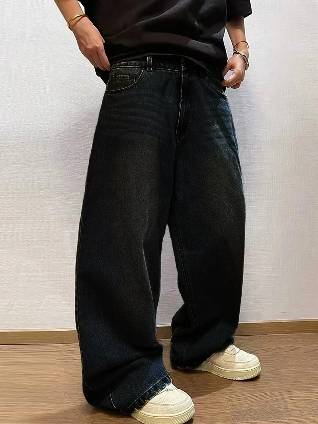 1Pc Men's Wide Pants Brushed Jeans Wide Jeans Y2K New Rocks Jeans Buggy Black Hip-Hop Pants — image 4